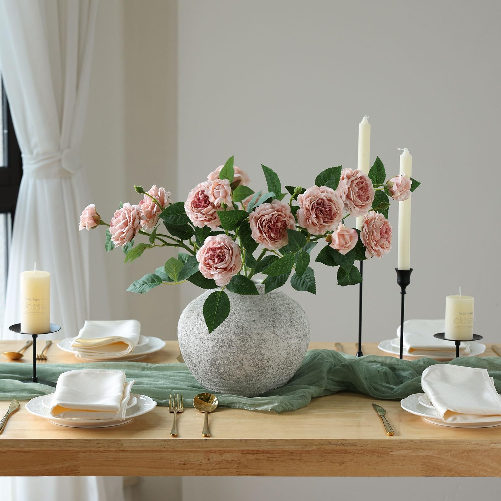 4Pcs Pink Artificial Roses Flowers Fake Silk Rose Flower with Leaves Stems Re…