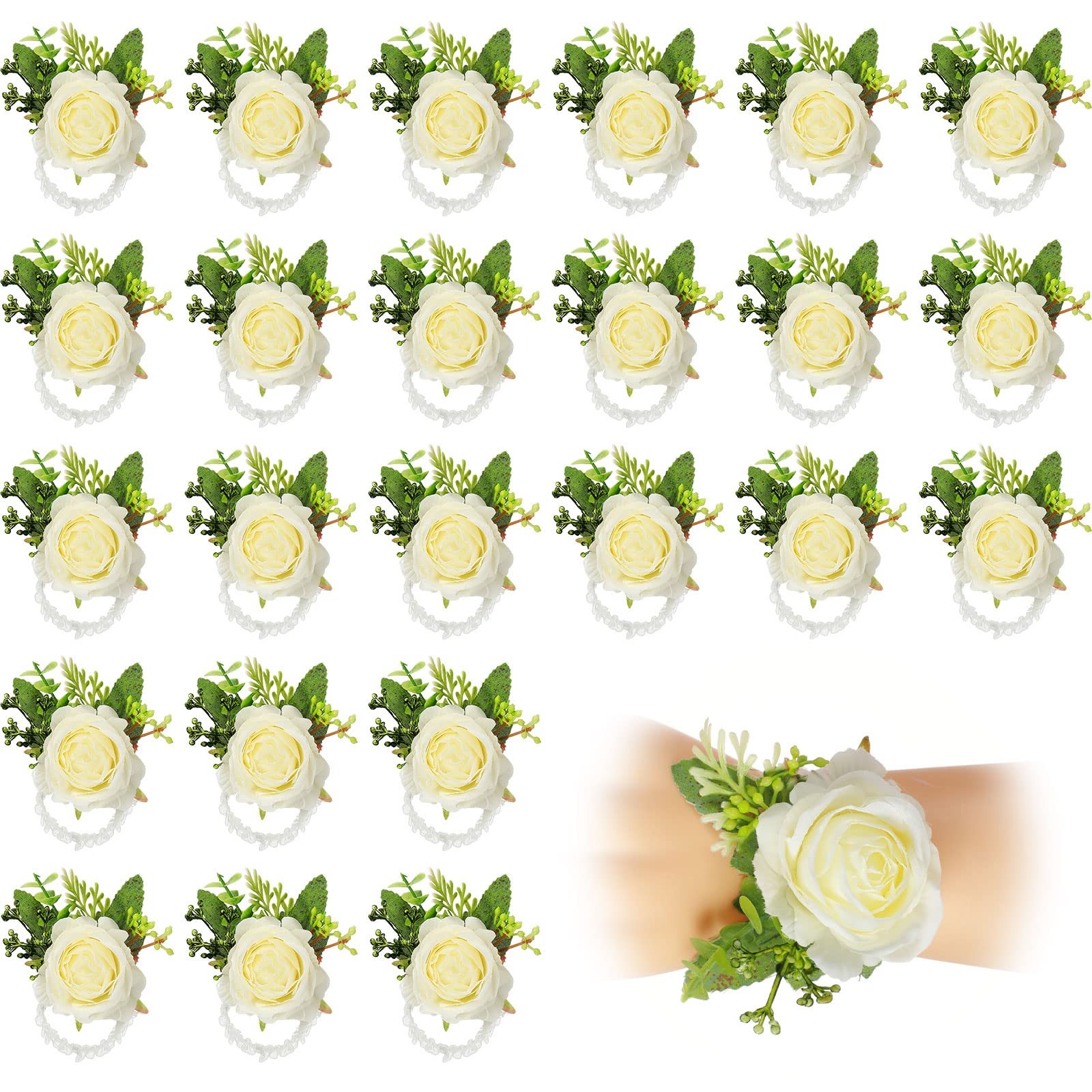 24 Pcs Wedding Rose Wrist Corsage Wristlet Band for Bridal Bridesmaid Women F…