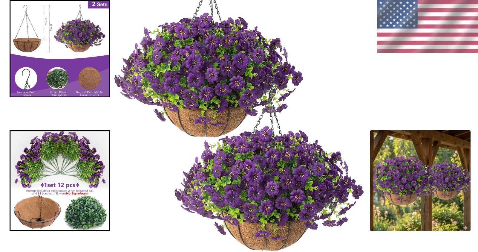 Durable 2 Set Artificial Purple Flowers Hanging Basket Outdoor Home Decor
