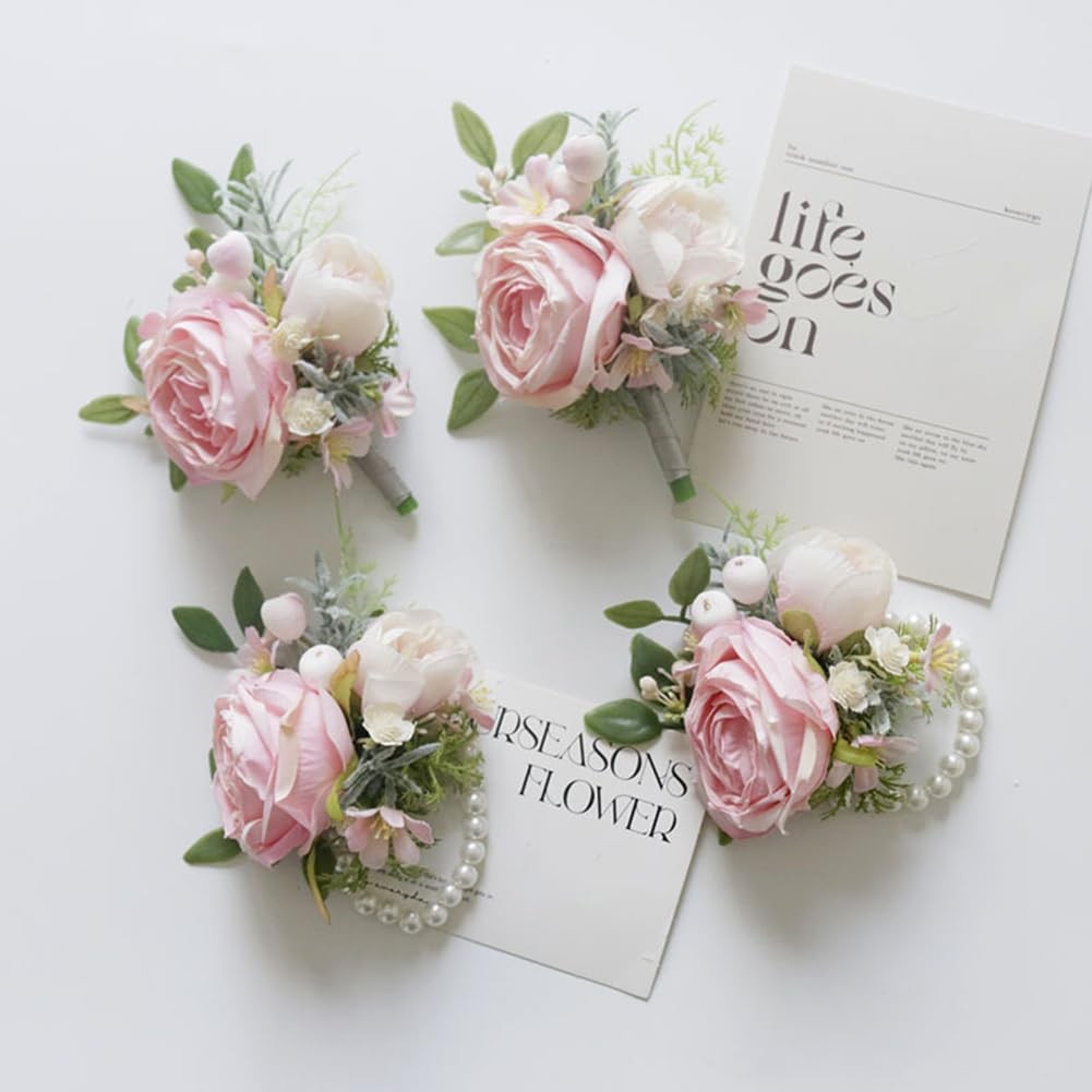2 PCS Pink Wedding Corsage Boutonniere Set Artificial Flowers Prom W122