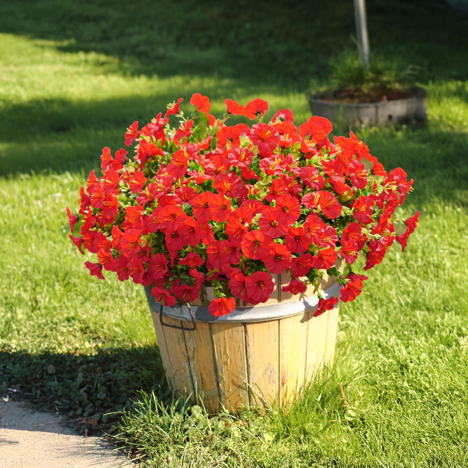 12 Bundles Red Silk Morning Glory & Eucalyptus – UV Resistant Faux Flowers for O