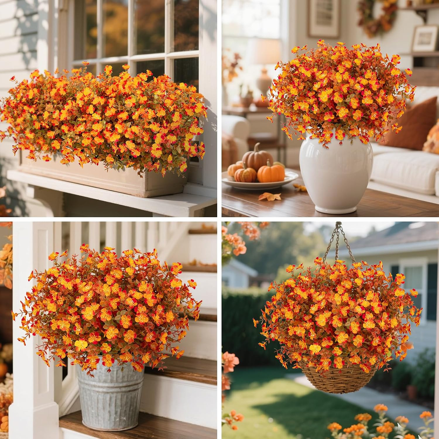 24 Bundles Artificial Silk Fall Flowers for Outdoors, Orange | Fake Mums Plants,