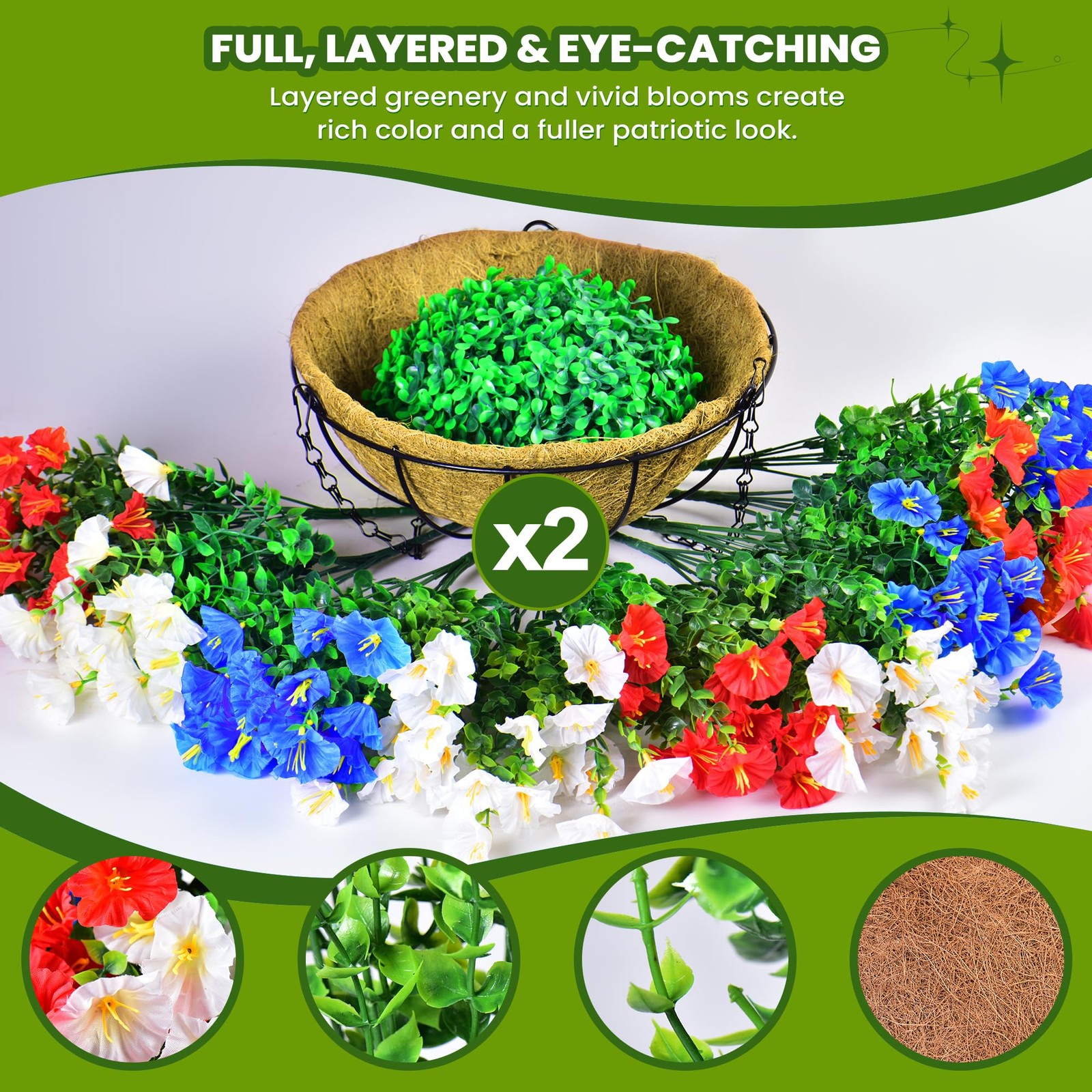 Artificial Hanging Flower Baskets, Red, White, and Blue Patriotic Faux Flower…