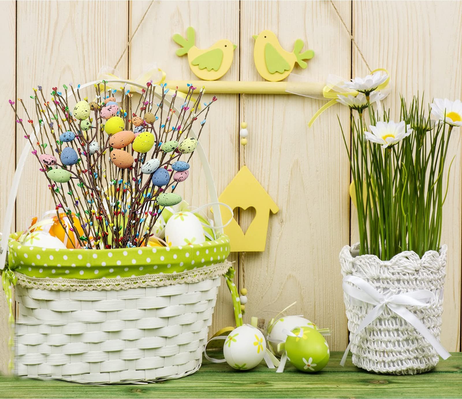 41 Pcs Artificial Easter Spray Vine with Pastel Easte Eggs and Decorative Ber…