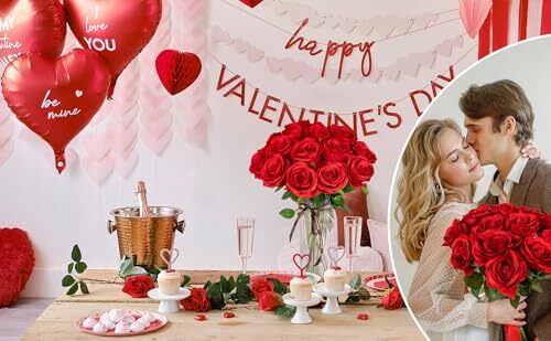 20 Pcs Roses Artificial Silk Flowers Fake Roses Bouquet with Long Stems Red