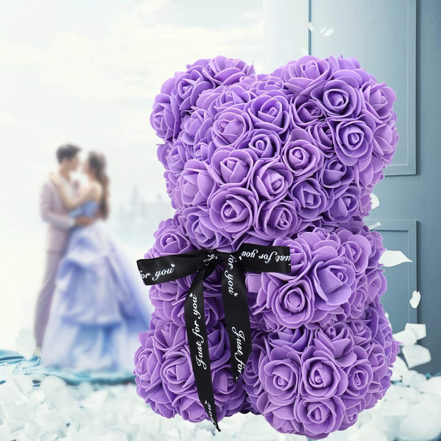 Large 16 inch Rose Bear Rose Teddy Bear Artificial Flower Girlfriend Gift Purple
