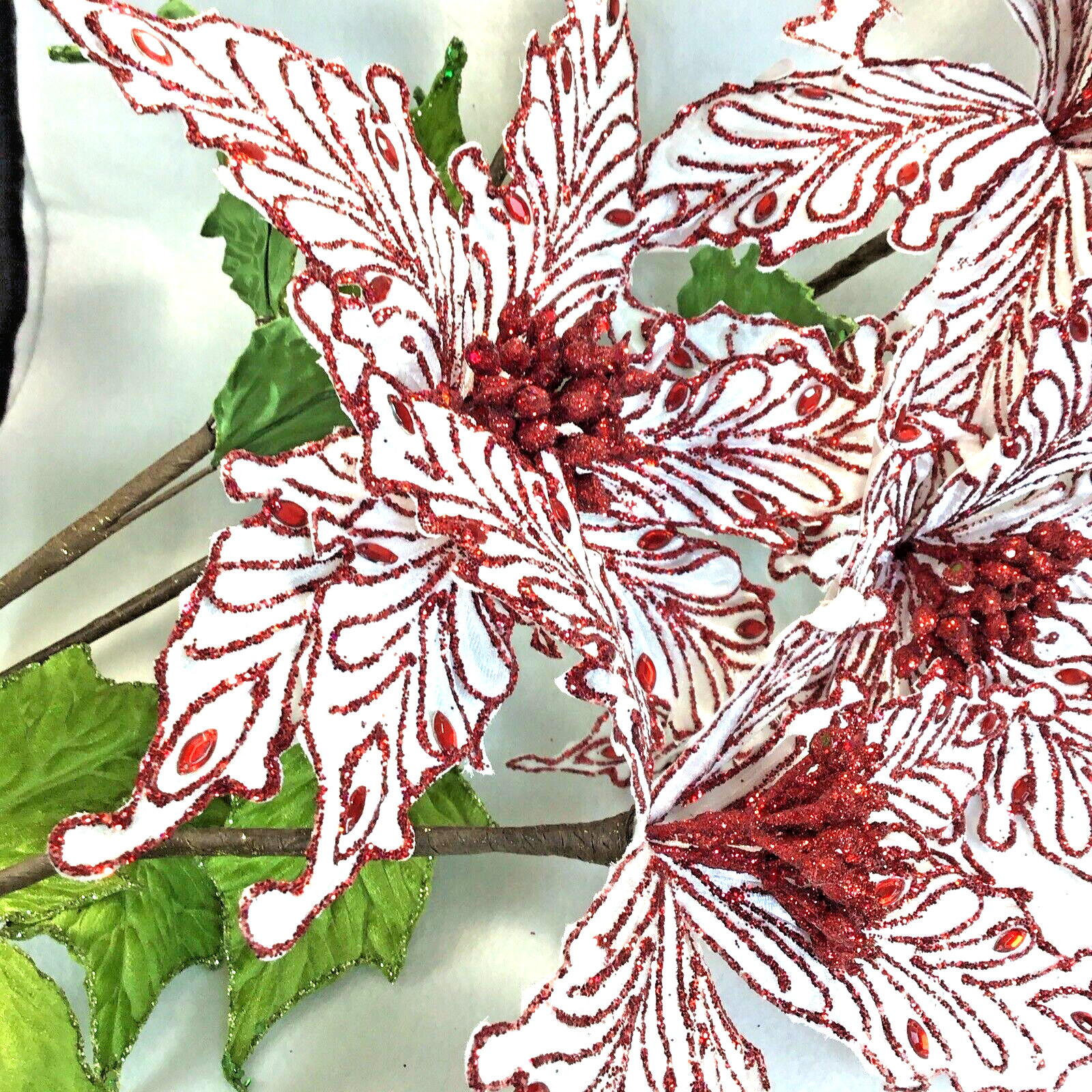 Set of 5 Sparkling Red Rhinestone and Glitter Artificial Poinsettia Floral Stems