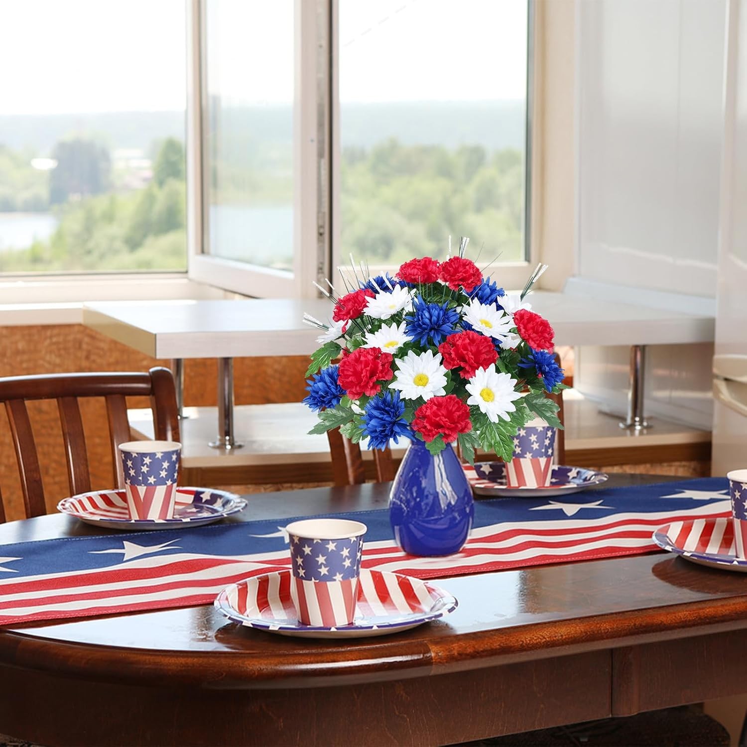Artificial Flower Patriotic Memorial Bouquet Red White and Blue 17.3″ 13 Heads