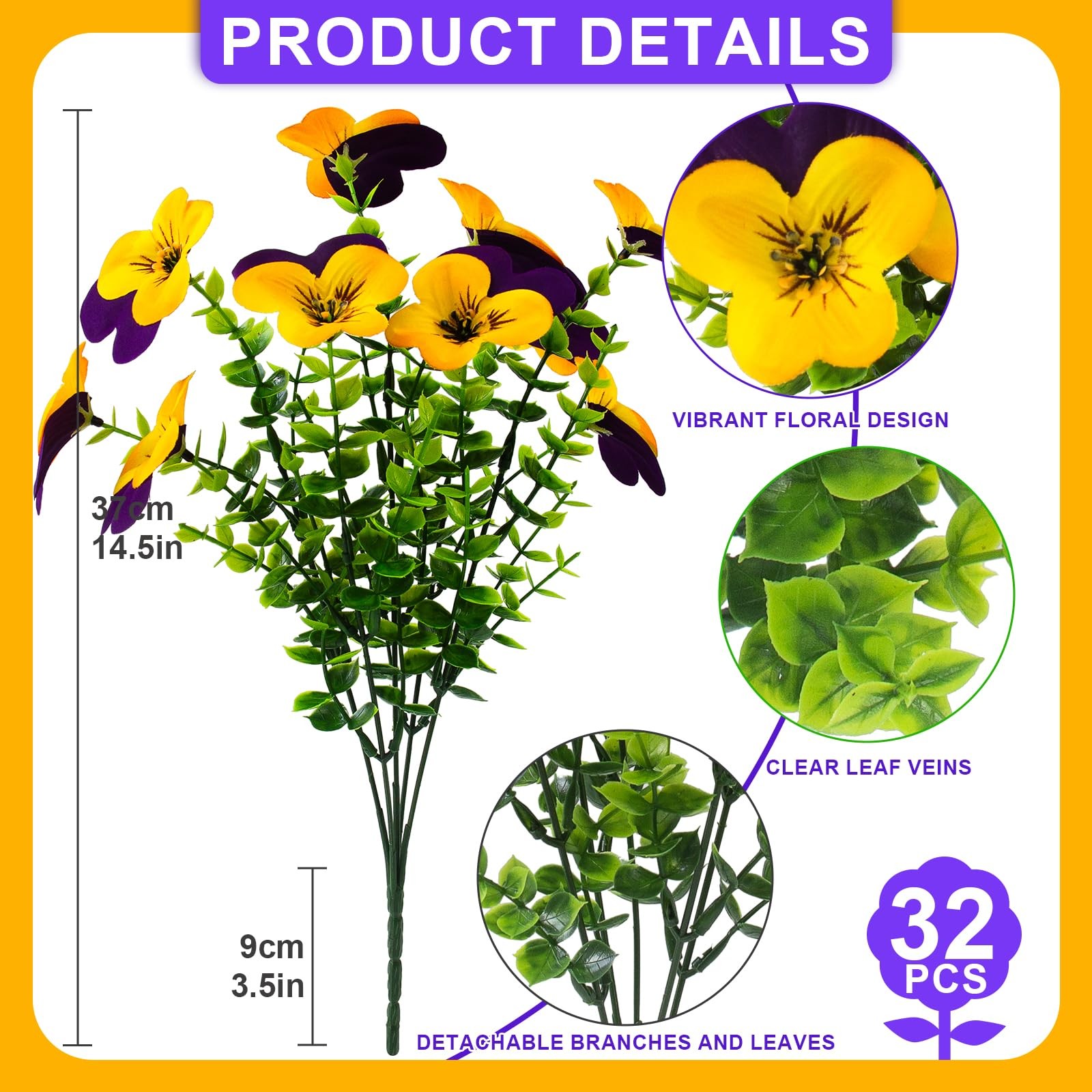 32 Pcs Artificial Pansy Flowers for Outdoor Faux Silk Spring Flowers for Outs…