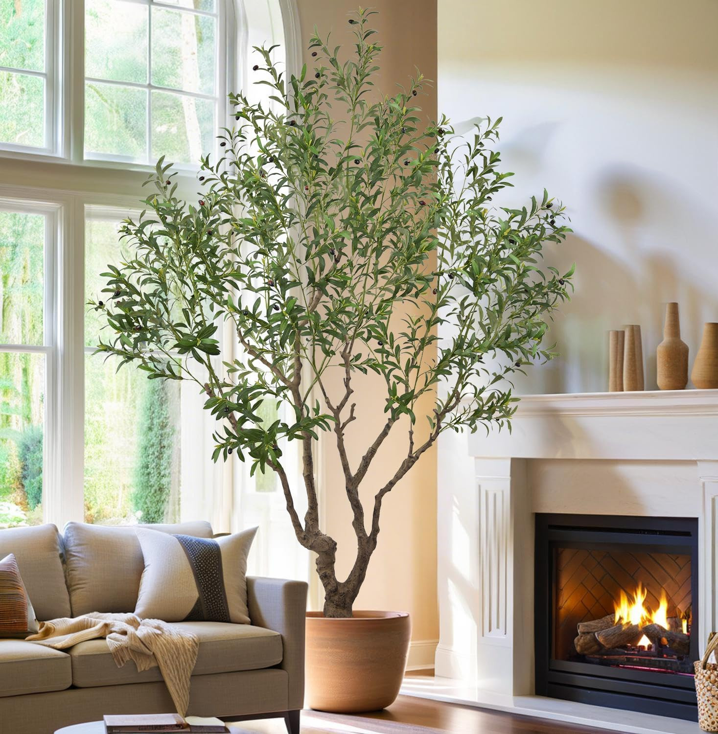 8.2Ft Faux Olive Tree with Realistic Trunks & Fruits for Home Decor