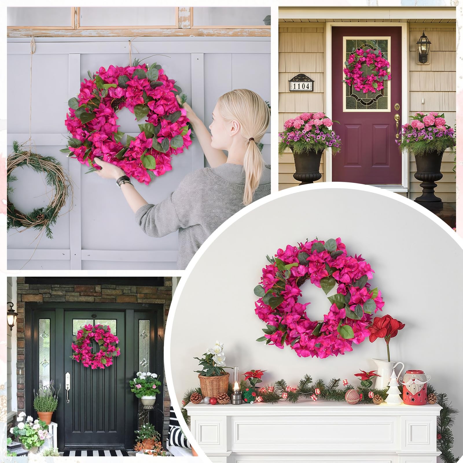 Bougainvillea Wreaths Front Door Artificial Silk Flowers Porch Decor Hot Pink