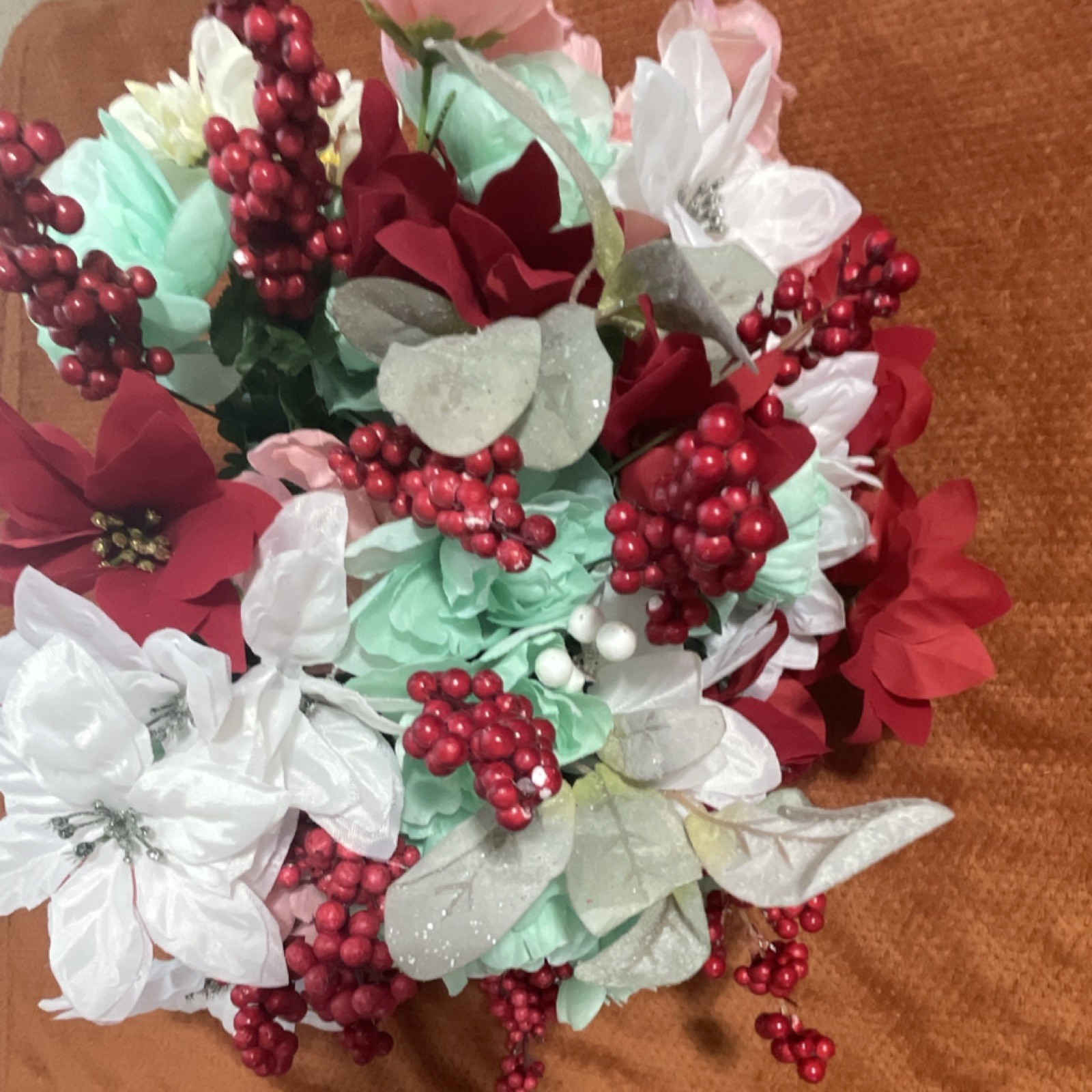 Artificial Poinsettia Arrangement Centerpiece Red White Green Fabric Plastic