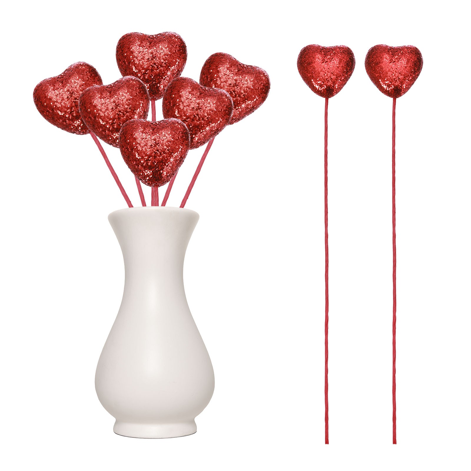 6 Pcs Glitter Heart Shaped Picks Puffy Foam Hearts Stick (Red, 3cm x 21cm)