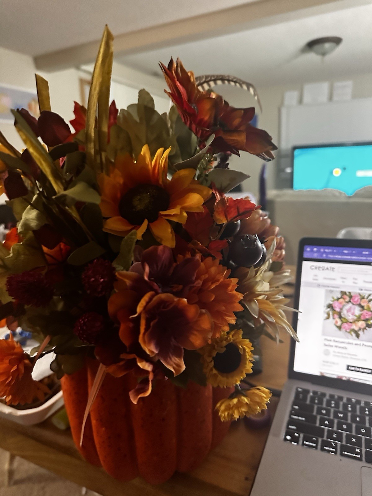 Fall Artificial Sunflower Floral Arrangement & Centerpiece in Orange Pumpkin