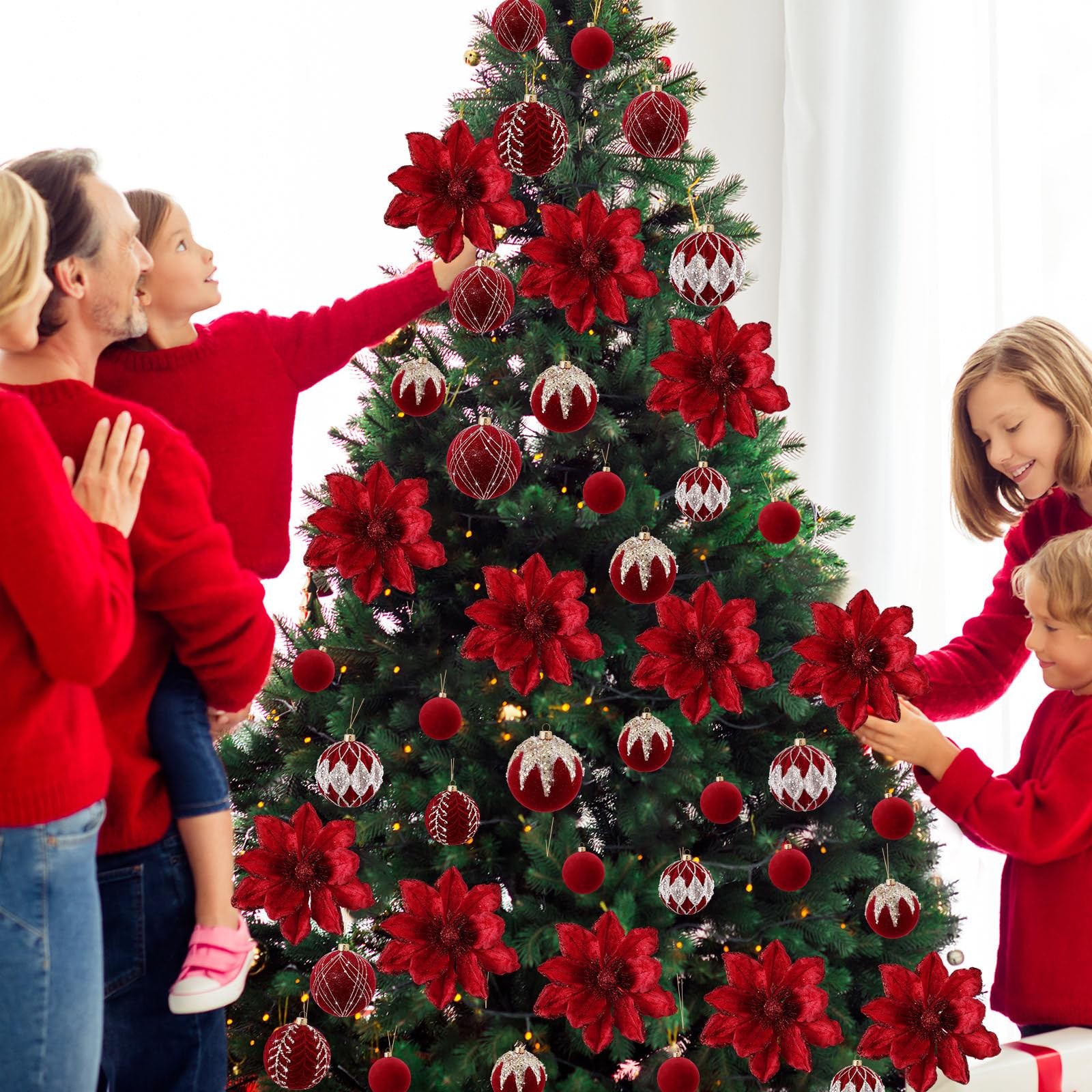 24 PCS Red Christmas 6.3 Inch Glitter Poinsettia Artificial Flowers Balls