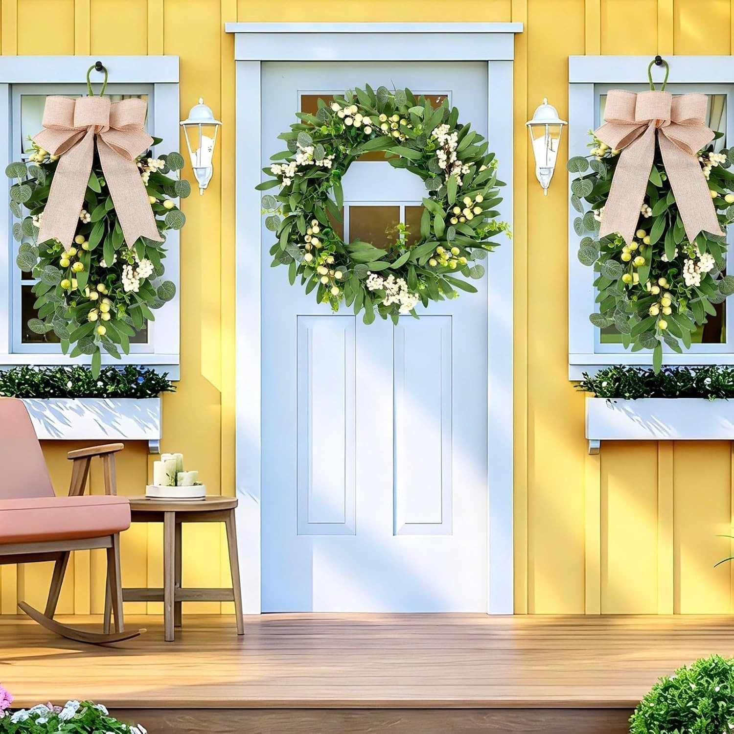 3 PCS Artificial Green Eucalyptus Wreaths for Front Door Spring Summer Greene…
