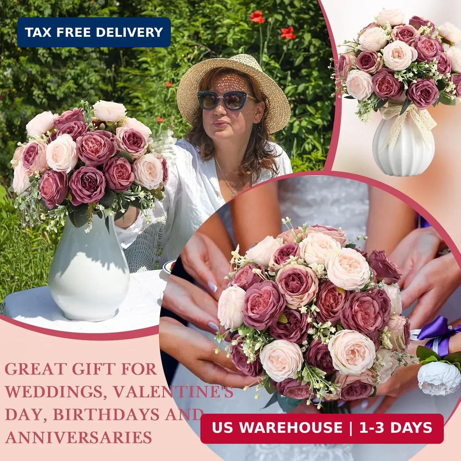 Geosar 8 Bundles Artificial Peonies Flowers Fake Silk Peony Bouquet Faux Peonies