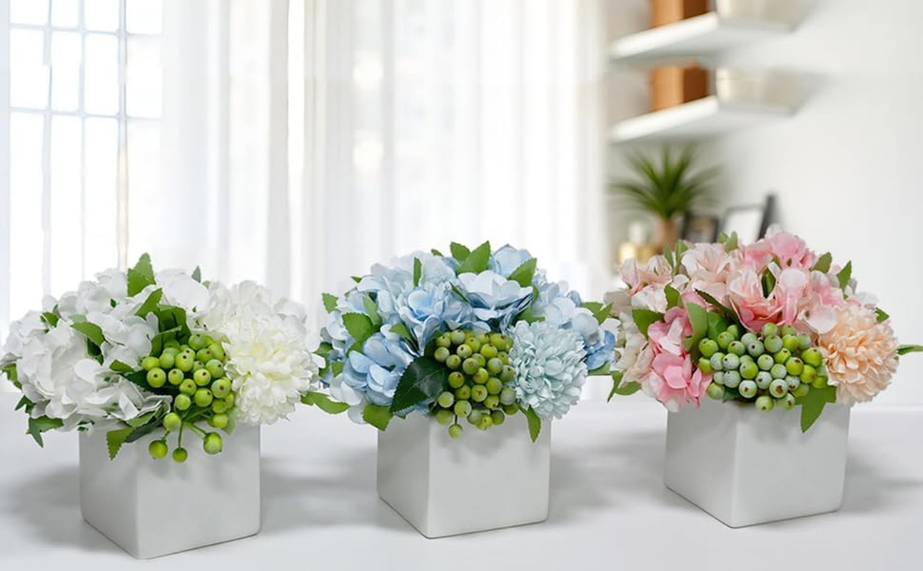Flores artificiales hortensias en florero ceramica decoracion hogar elegante