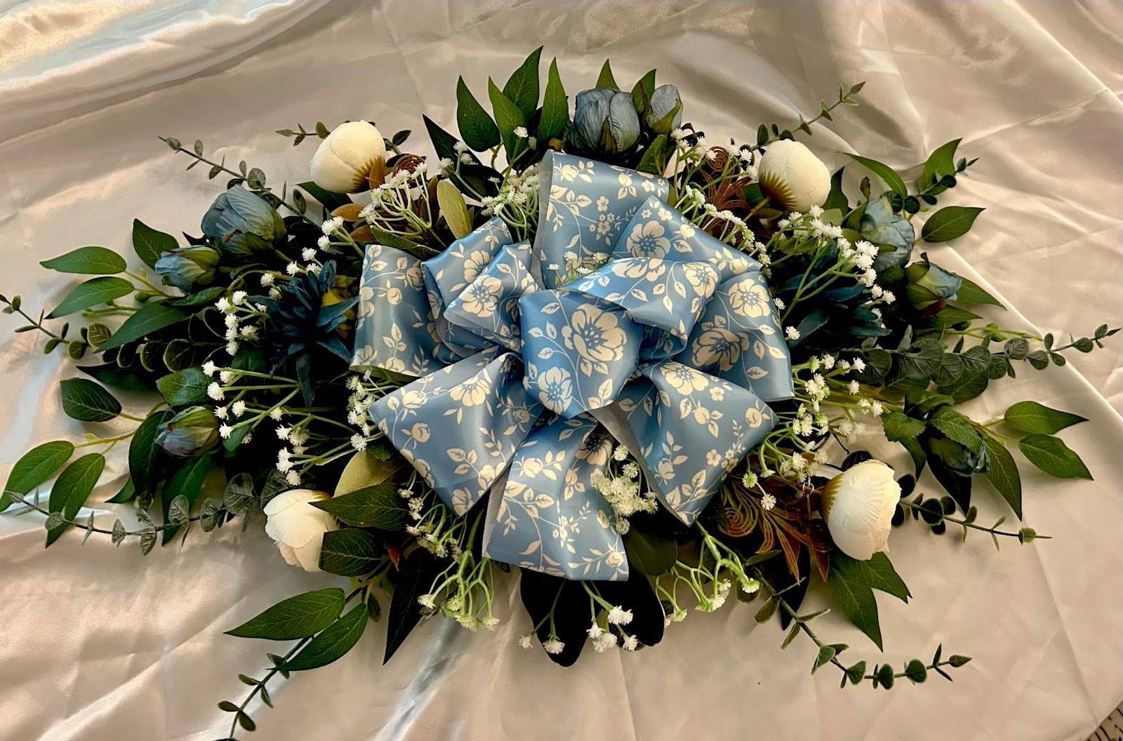 Handcrafted Floral Swag With Blue Ribbon, 26″
