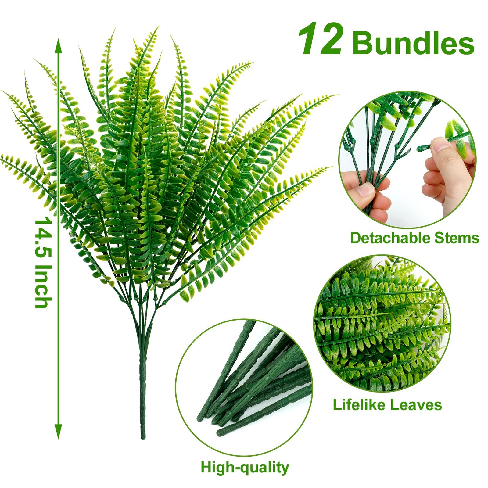 12 Bundles Artificial Boston Ferns Artificial Plants Outdoor Greenery Stems Faux