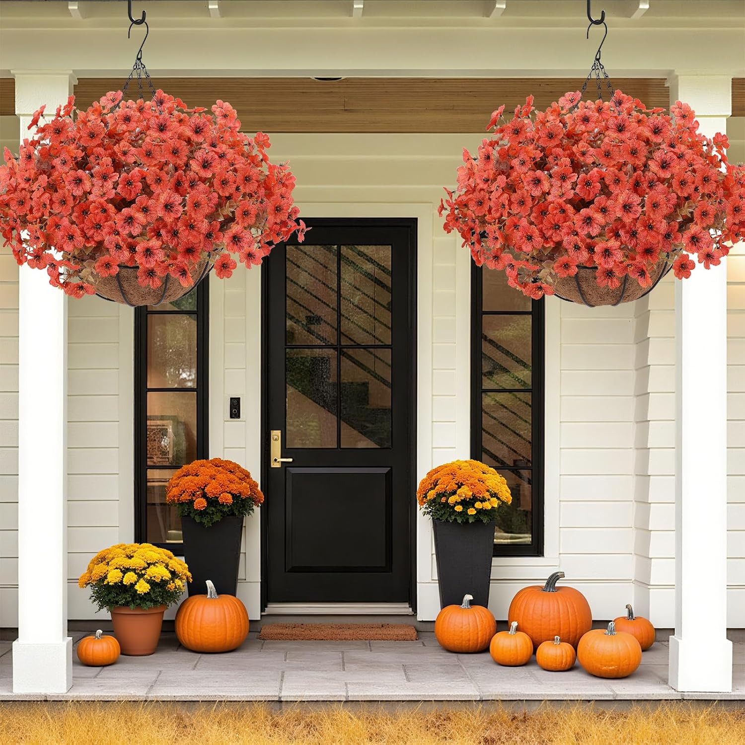 Artificial Hanging Basket Flowers, 24 Pcs Orange Mums, UV Outdoor Flowers | Look