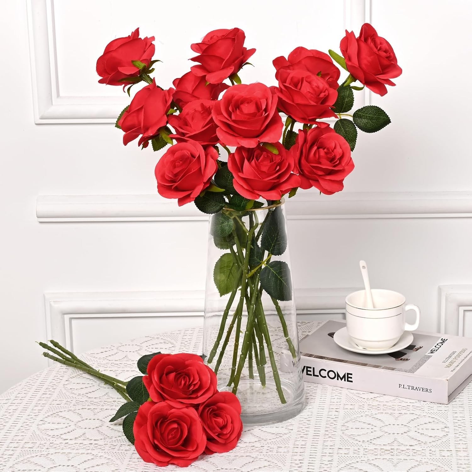 10 Pcs Red Artificial Roses Silk Flowers Long Stems Wedding Bouquet DecorRed…