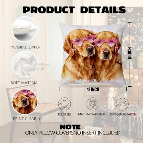 Golden Retriever Valentines Pillow Covers 18×18, Golden Retriever Gifts for