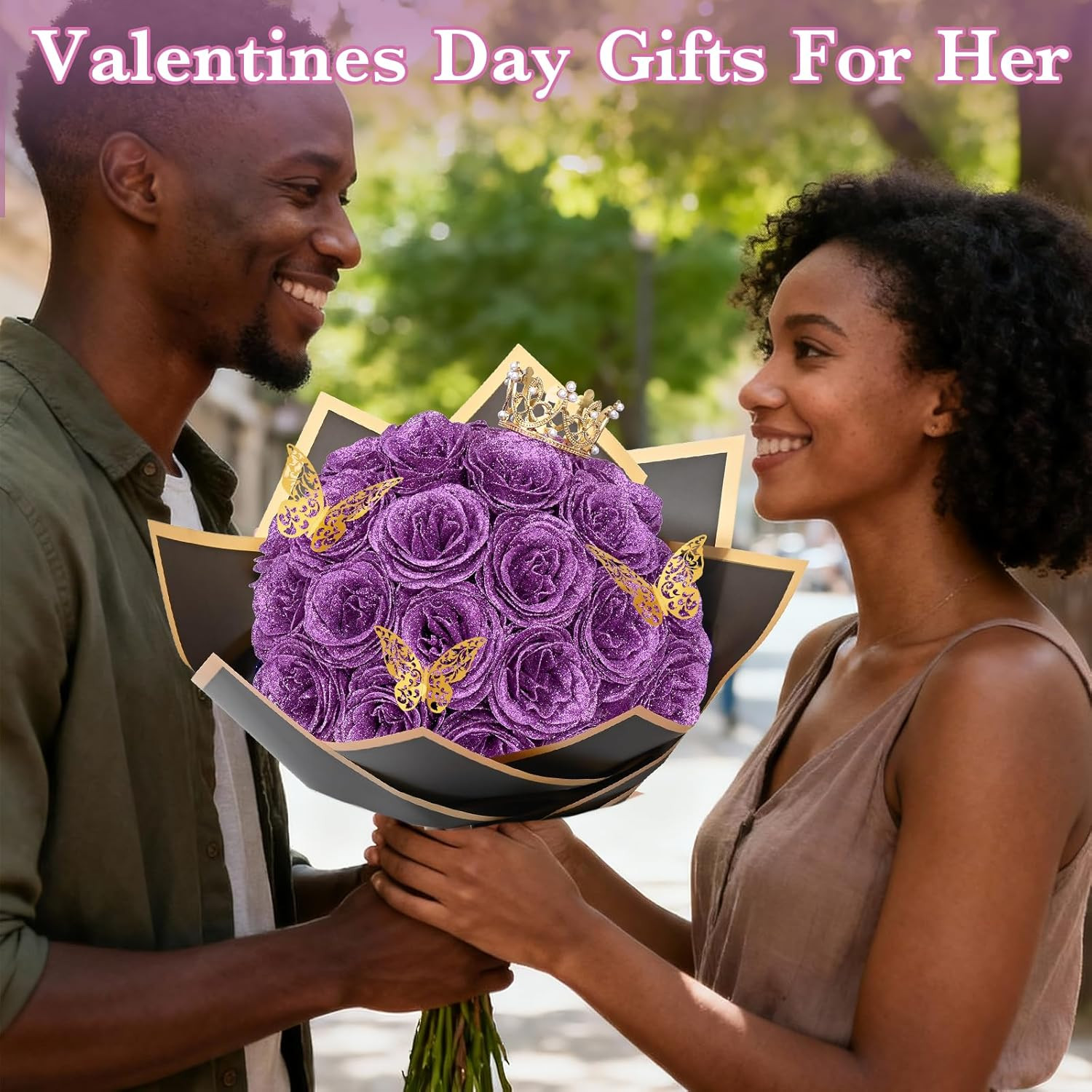 24 Lilac Glitter Roses Bouquet, DIY Fake Flowers, Everlasting, Valentines, Gift