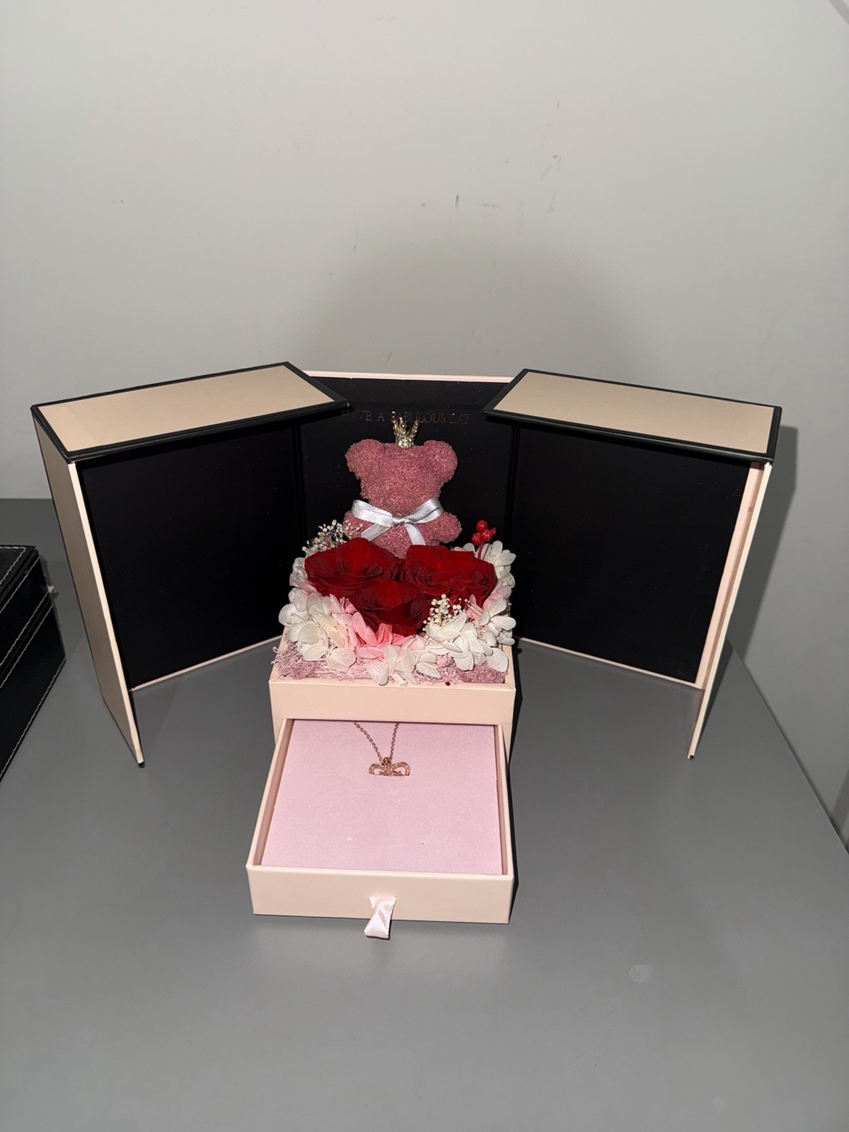 Artificial Rose Flower Box Arrangement Centerpiece w/ Teddy Bear & Drawer