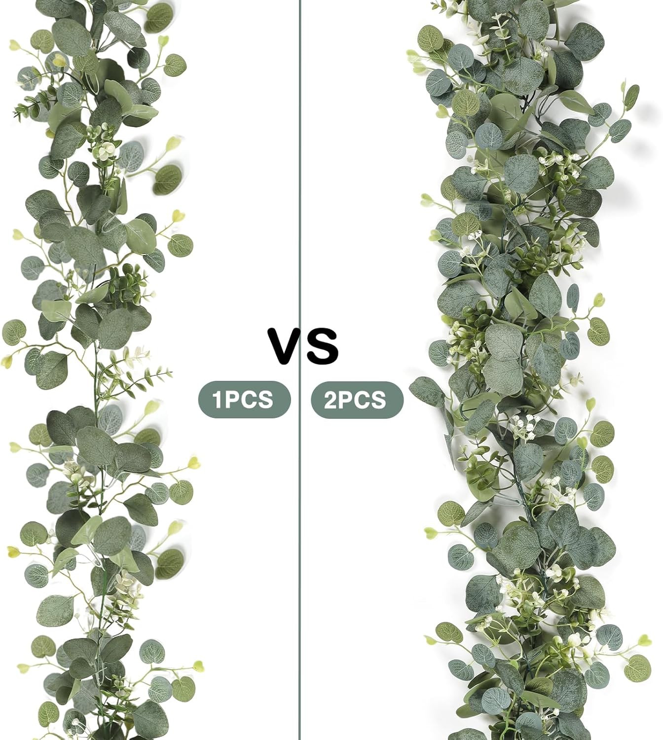 Artificial Eucalyptus Garland with White Flowers 2 Packs 5.9Ft Silver Dollar Lea