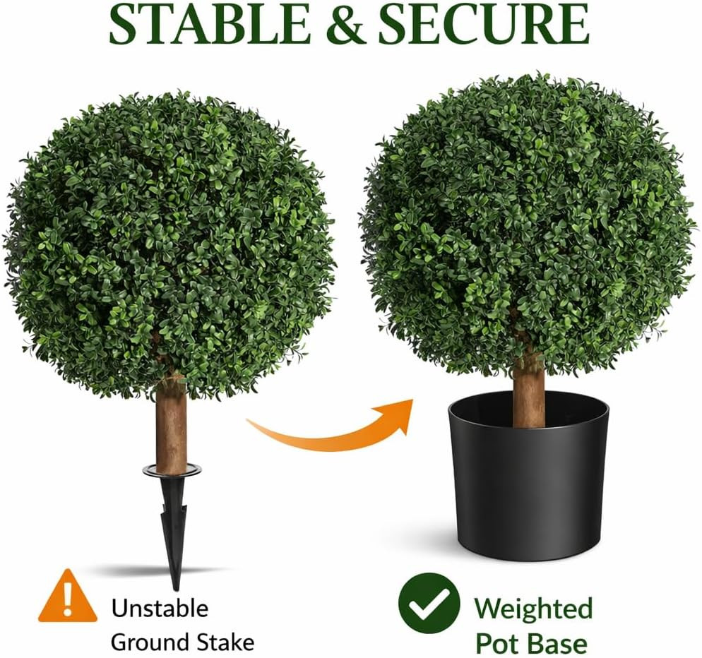 Set of 2 UV Resistant 26″ Artificial Boxwood Topiary Trees for Home Decor