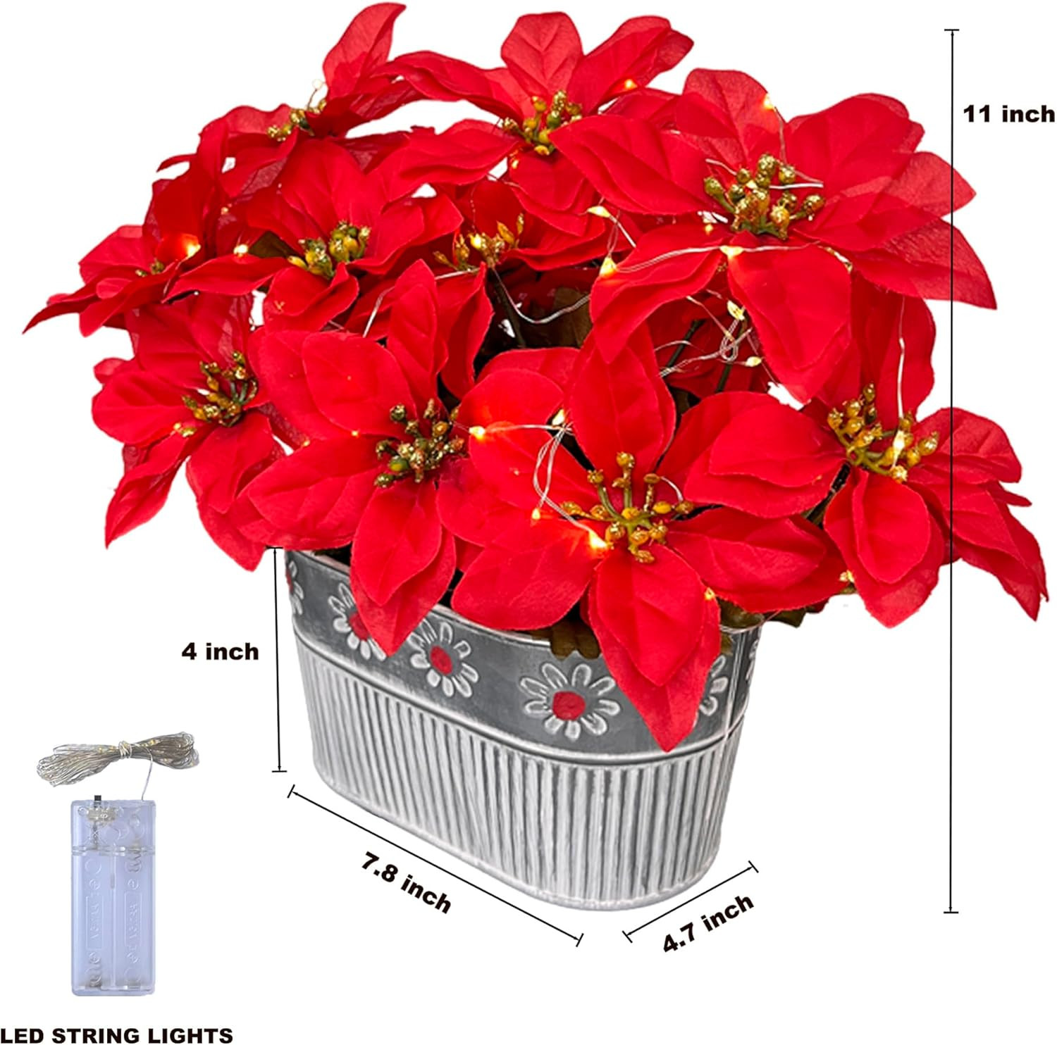 Christmas Poinsettia Table Centerpiece – Rustic Metal Pot with LED Lights, Festi