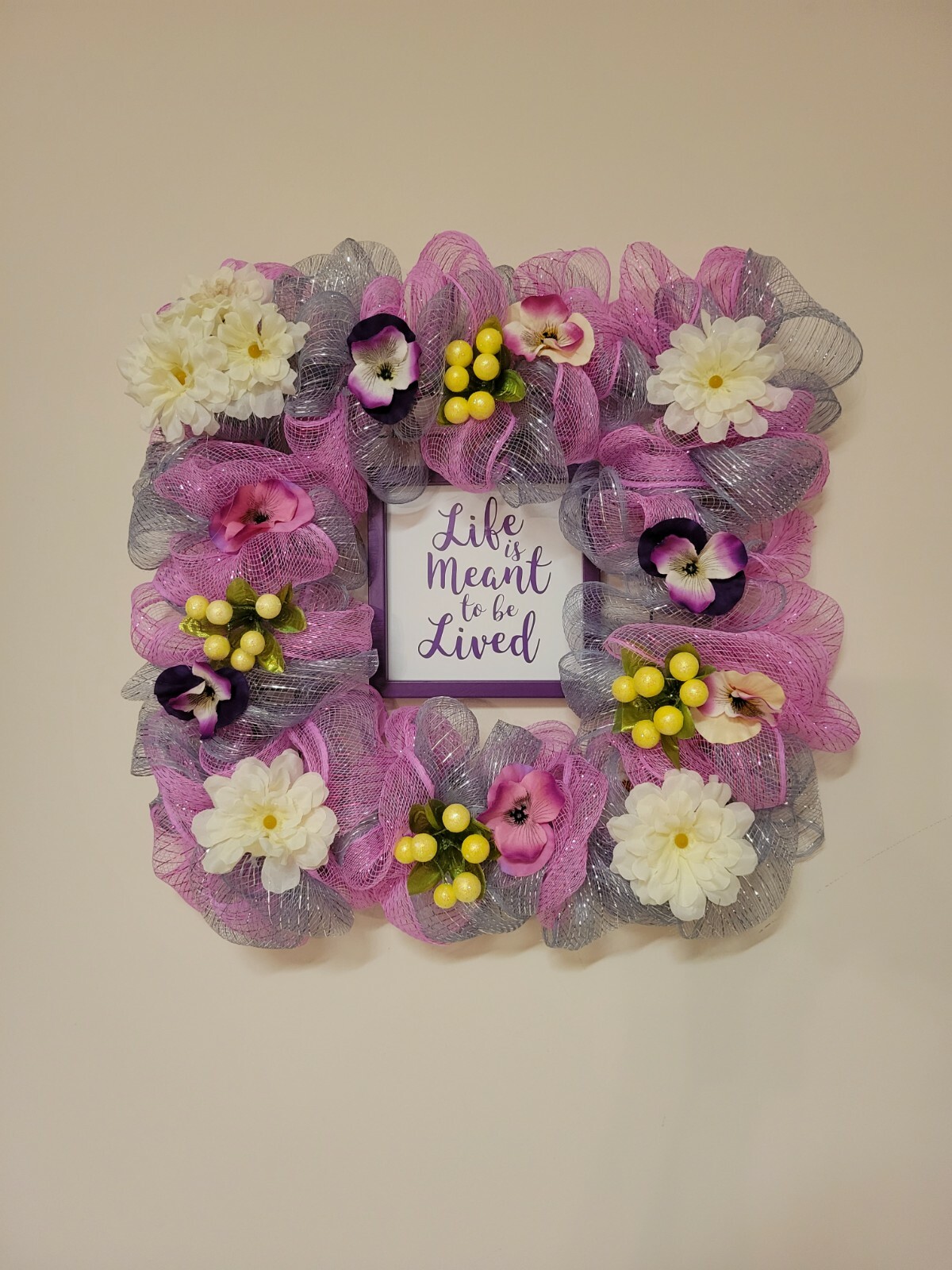 LIFE MEANT TO BE LIVED pink gray purple SUMMER SPRING FALL Door Wreath Square