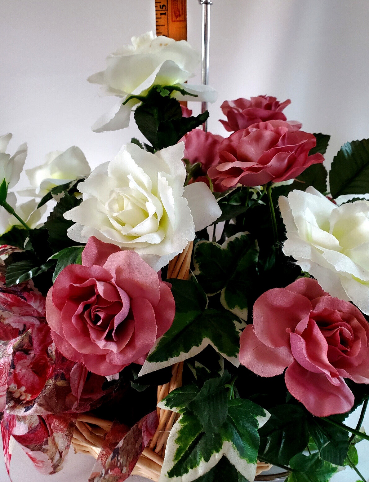 Fresh Spring Garden Pink & White Roses Silk Floral Arrangement in a Woven Basket