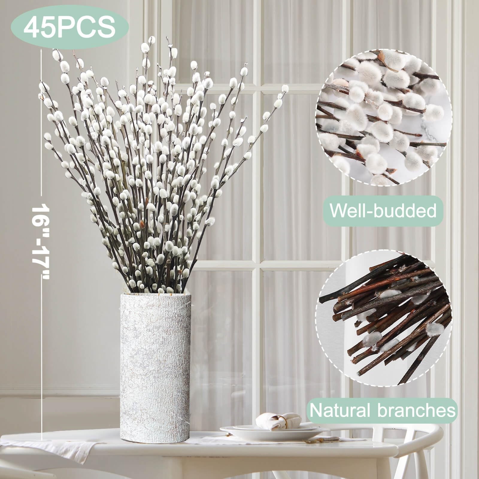 45 Stems Real Dried Pussy Willow Branches for Vase Natural PussyWillows