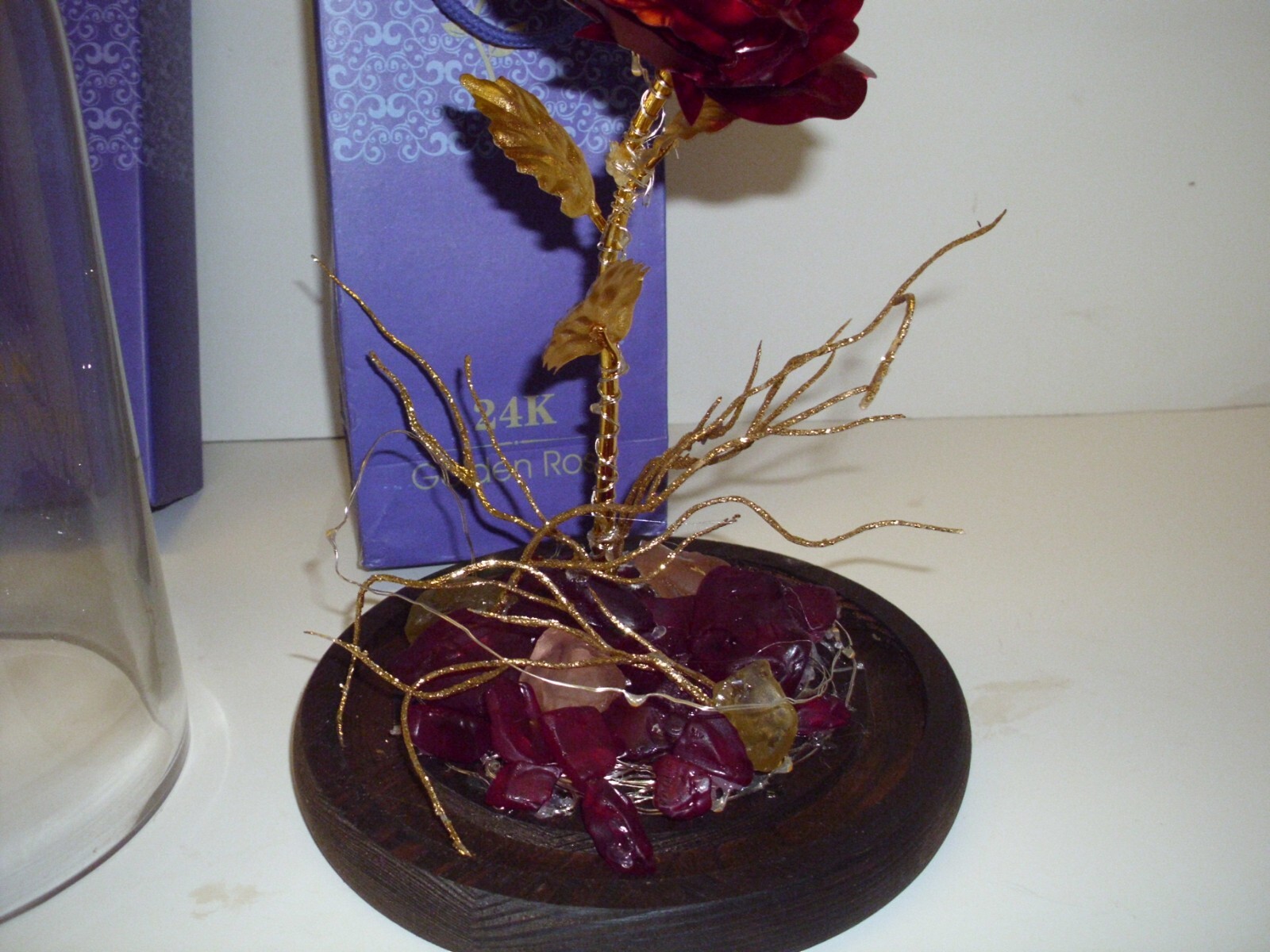 24K Golden Rose Gold Dipped Rose Box,Bag,Lights Heavy Crystal Dome Oak Base