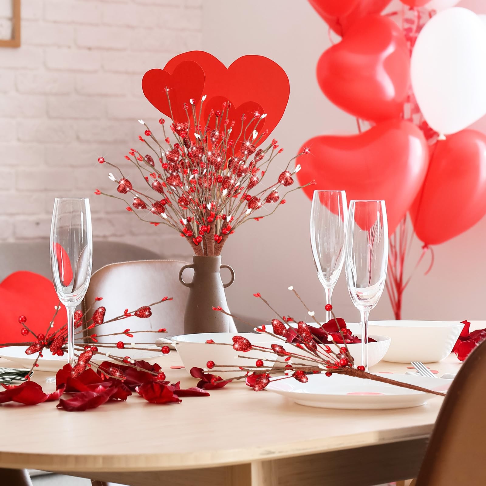 8 Pack Valentine’s Day Artificial Glitter Berry Flower Stems Heart Shaped Ber…