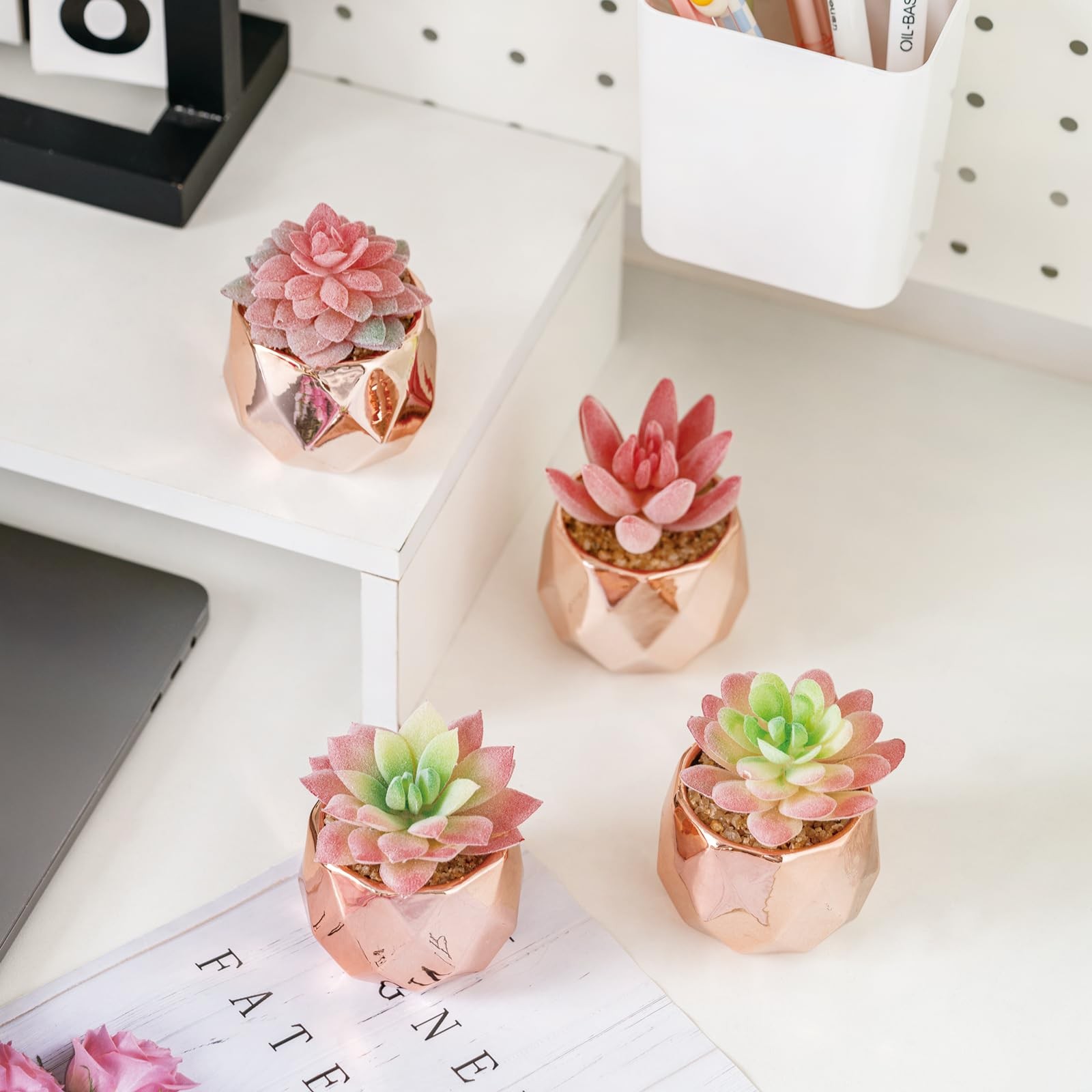 4 Pack Artificial Faux Succulents in Pots, Mini Rose Gold Fake Plants for Des…