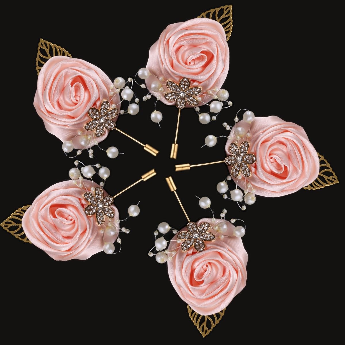 5 PCS Artificial Boutonniere Gold Leaf Faux Silk Rose Corsage Wedding Prom