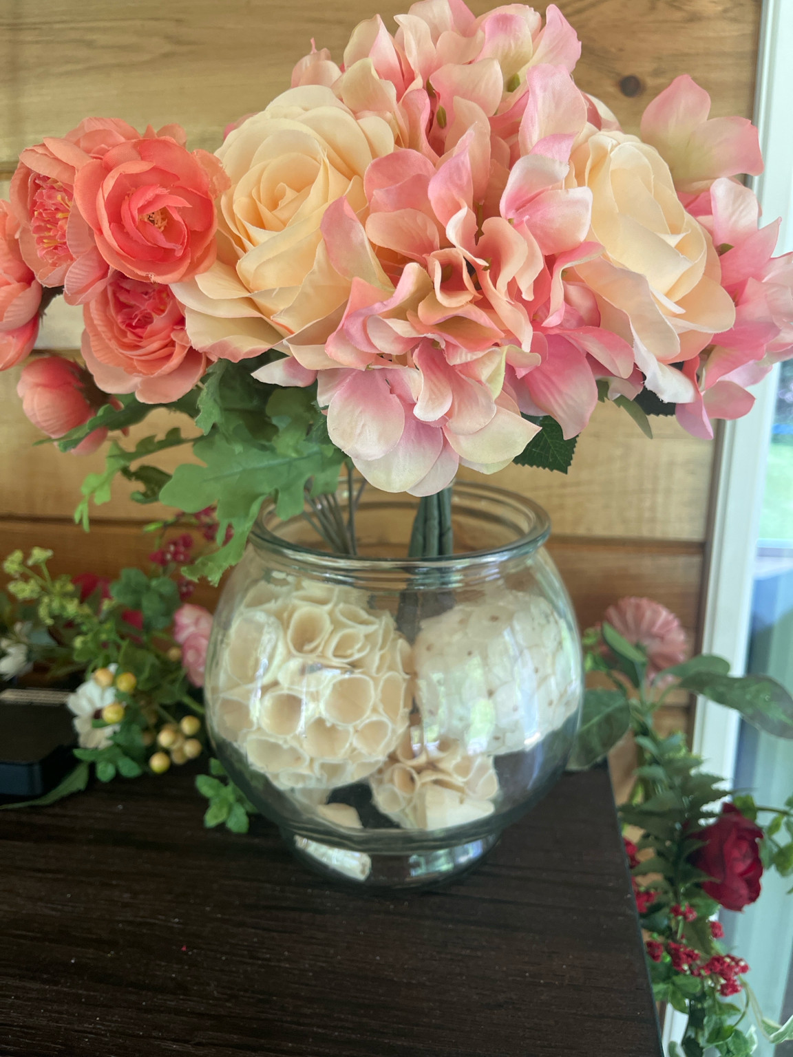 Large Faux Floral Arrangement Pink Roses Hydrangea Glass Vase Centerpiece Decor