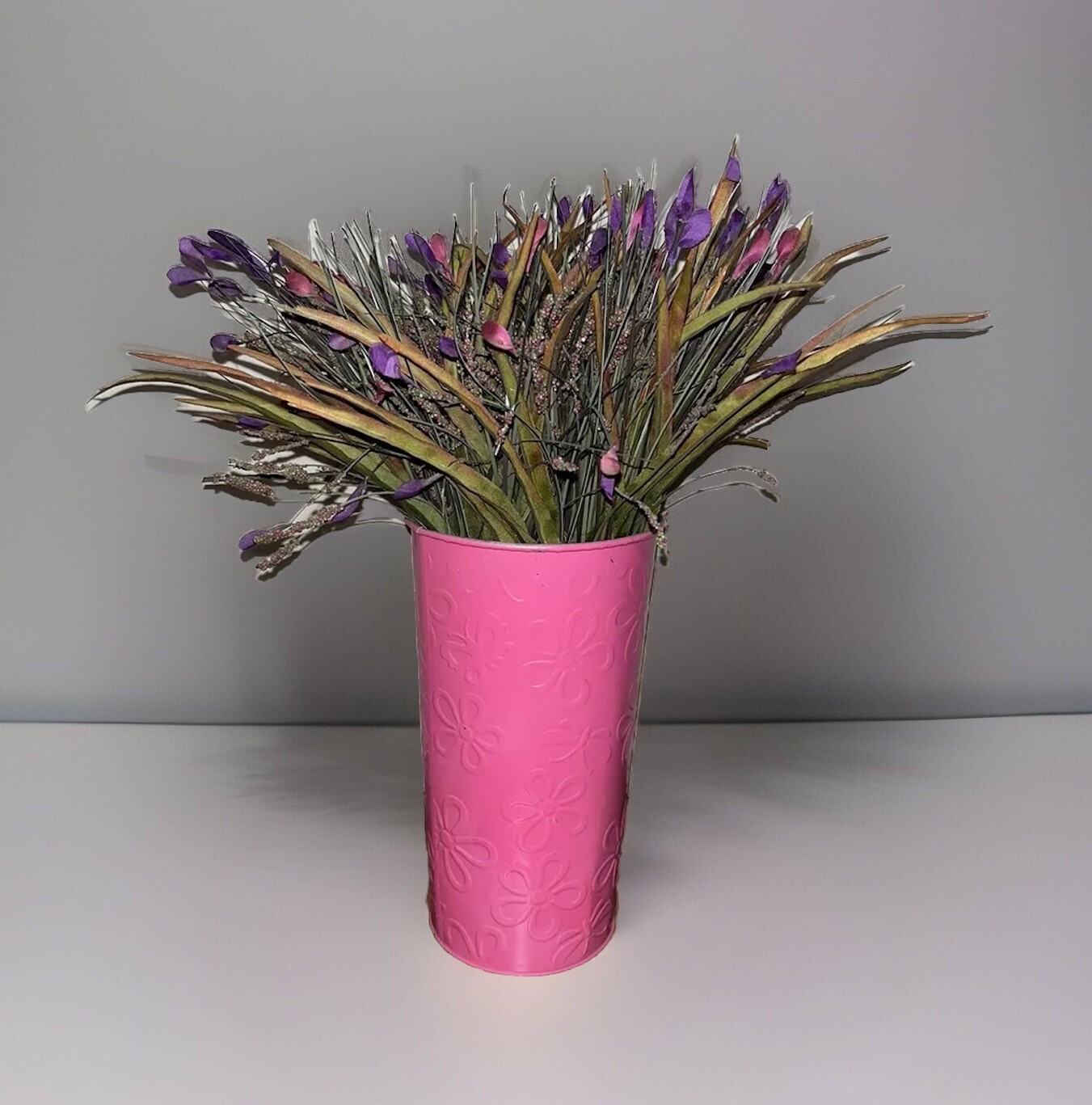 Artificial Purple Pink Flower Arrangement, Pink 9” Metal Vase Planter Home Decor