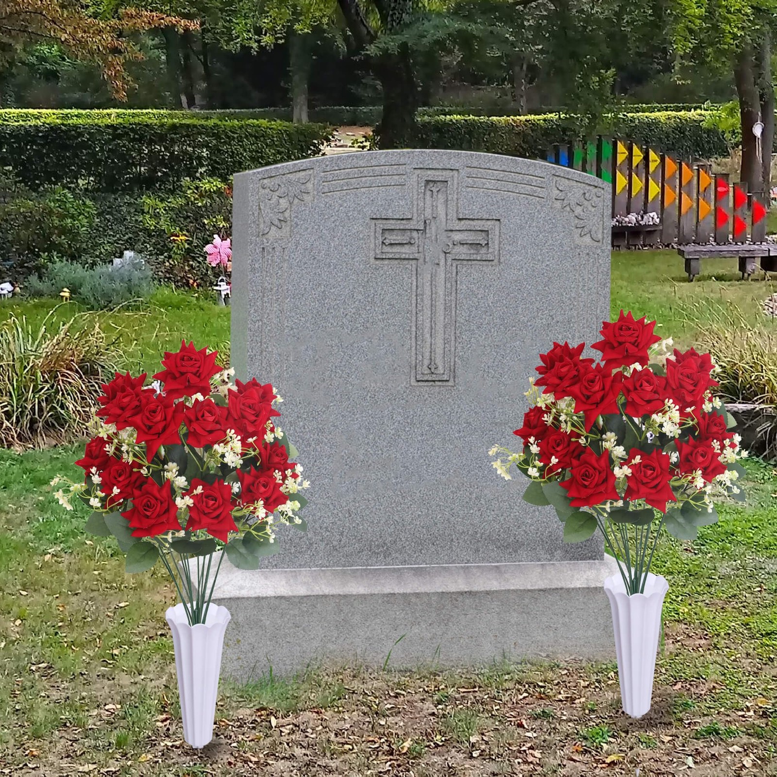 Artificial Cemetery Flowers – Artificial Rose Memorial Flowers with Vase,Head…