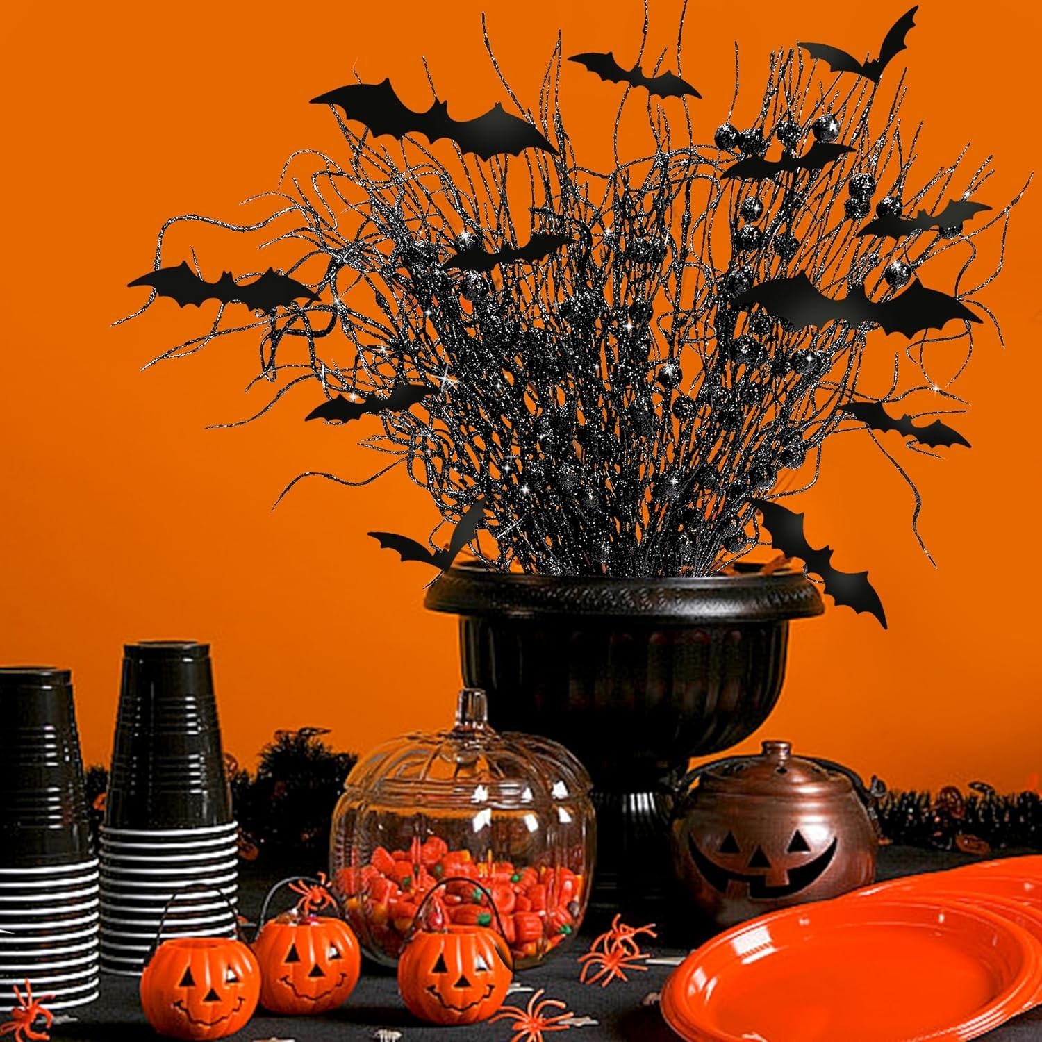 16 Pcs Artificial Halloween Branches Picks Ornaments with 12 Pcs Bats- Fake B…