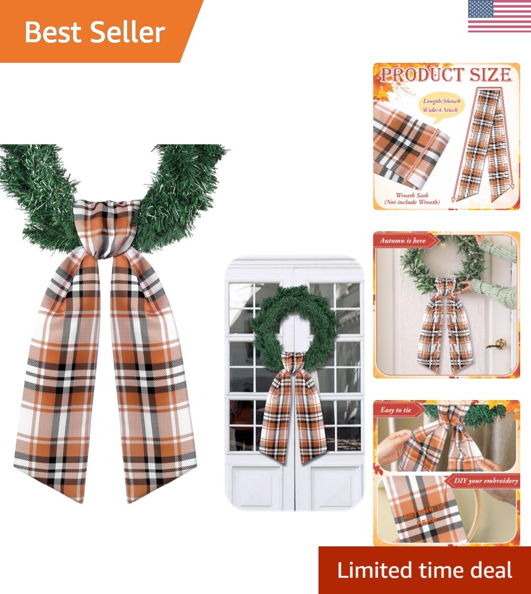 Multicolor Satin Wreath Sash – Elegant Fall Plaid for All Seasons, 56″ Length