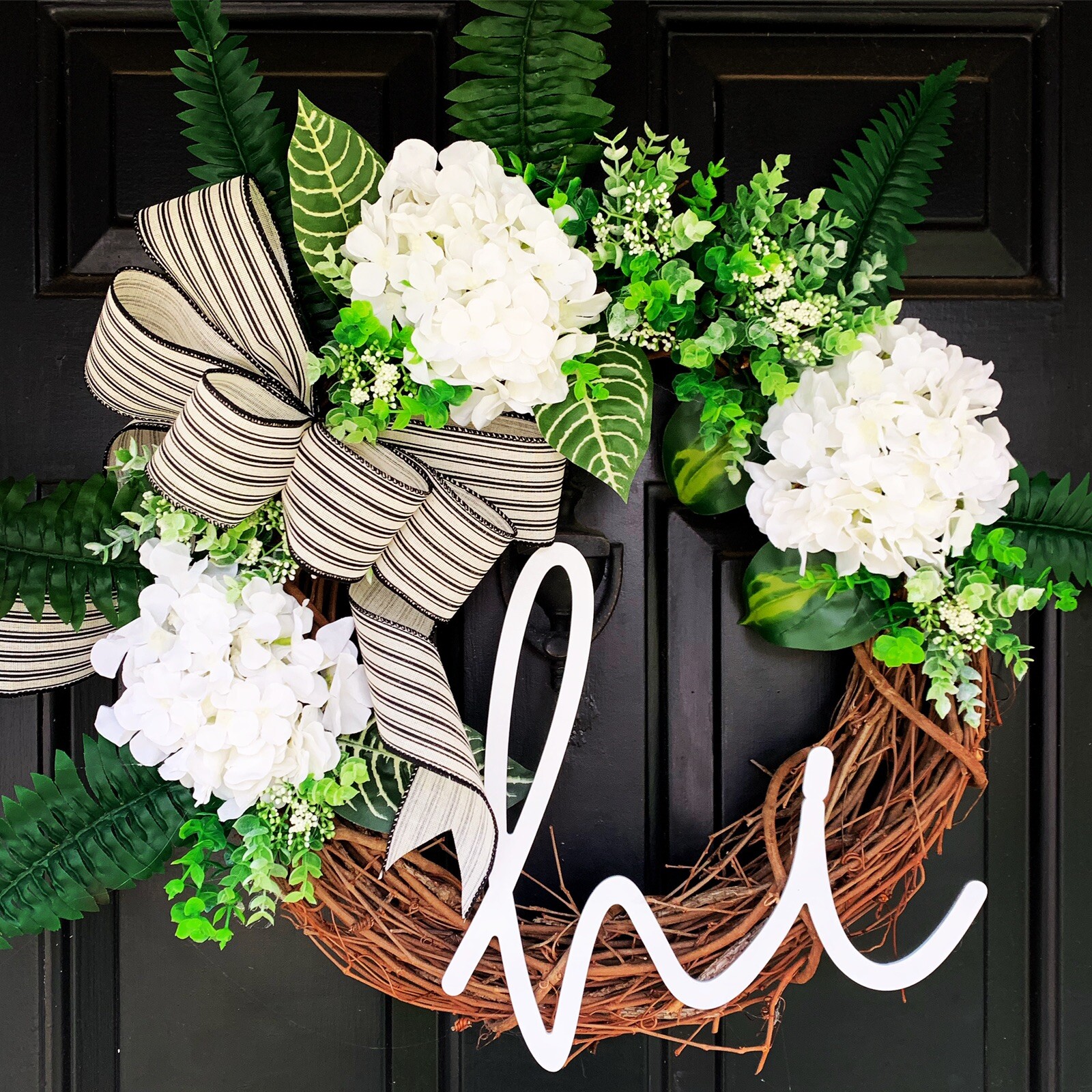 Hi Hydrangea Canvas Striped Bow Eucalyptus Farmhouse Rustic Grapevine Wreath