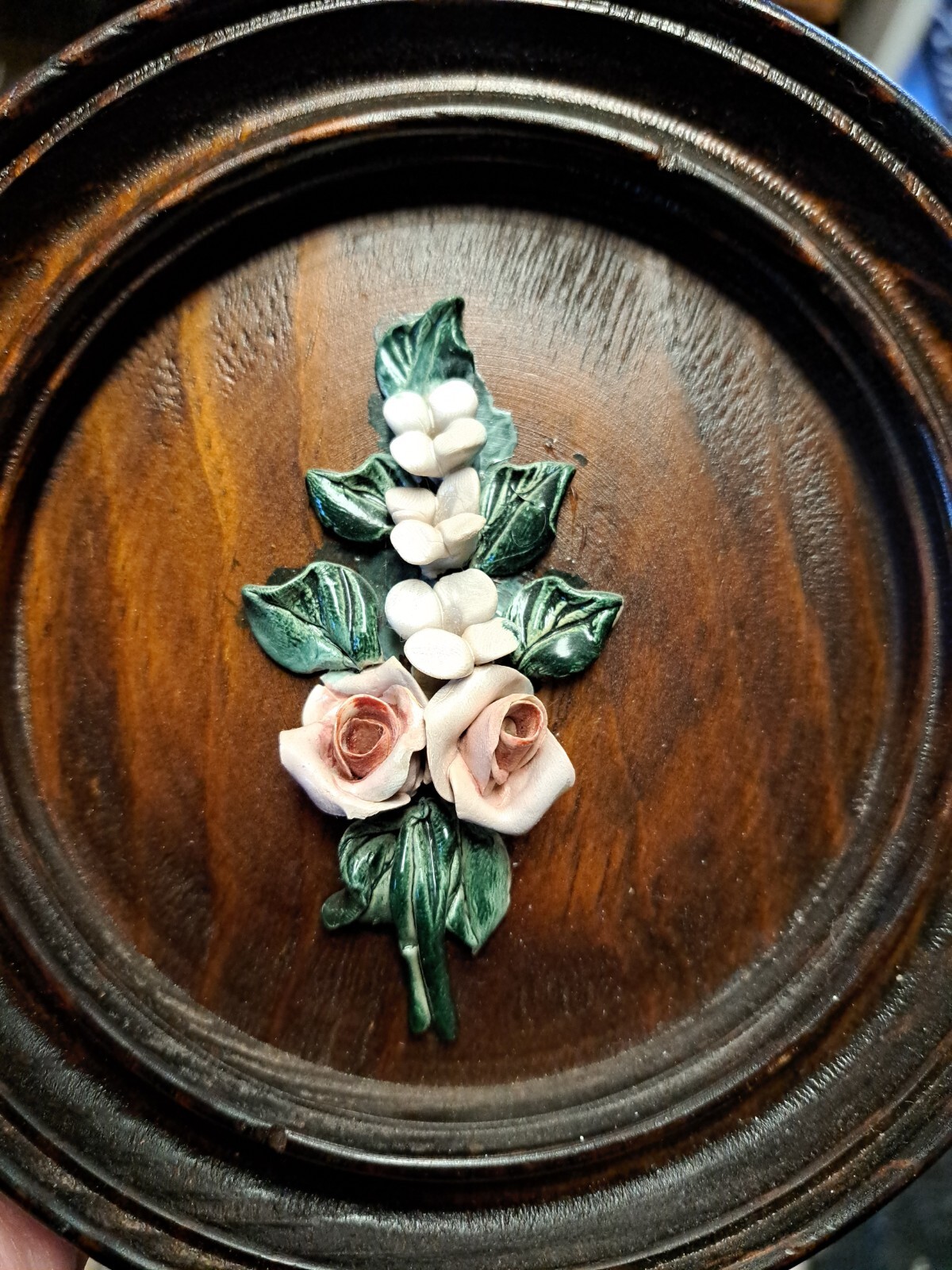 Vintage hand crafted flowers roses art on hand turned dark wood plaques set of 3