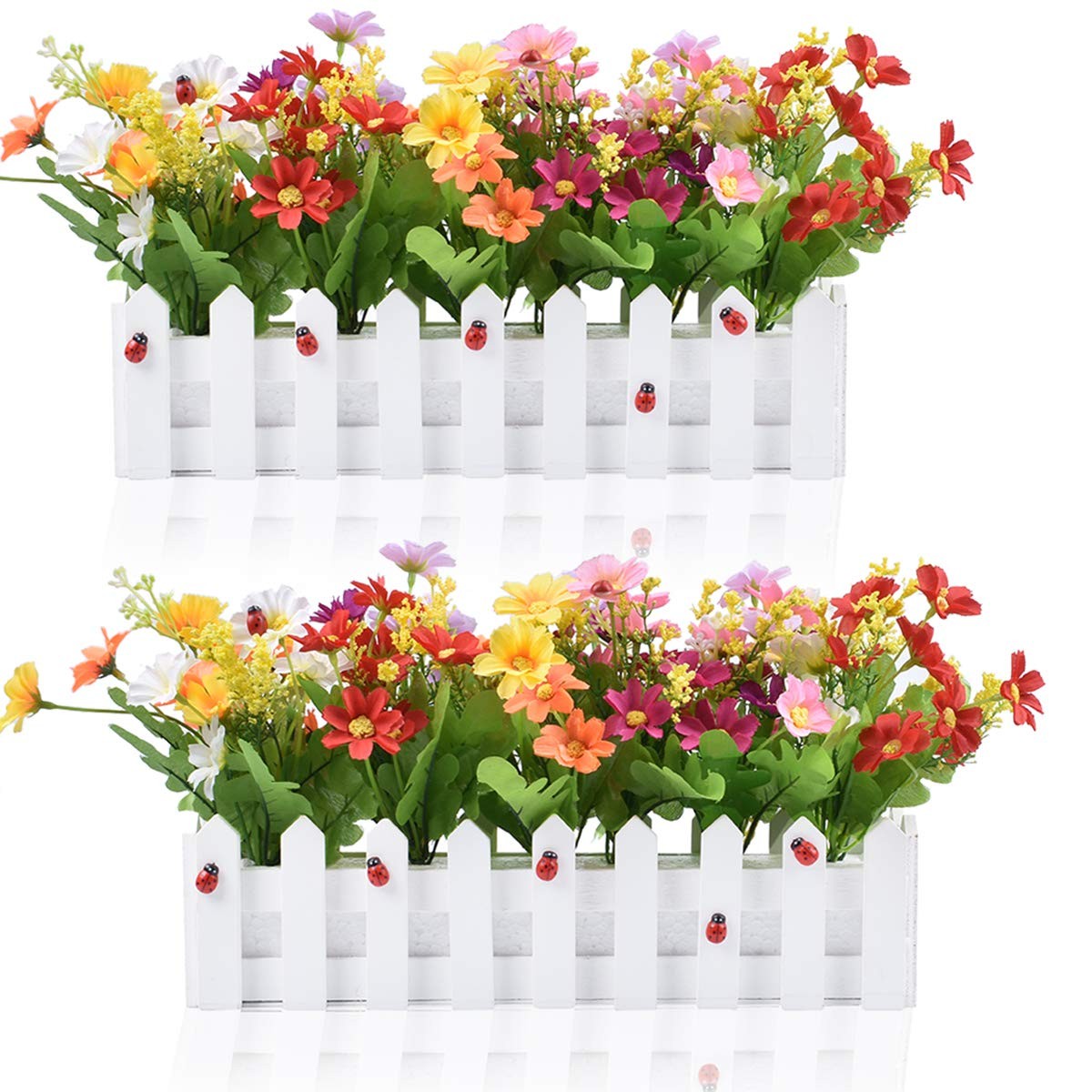 Artificial Flower Plants – Mixed Color Daisies in Picket Fence Pot for Indoor…