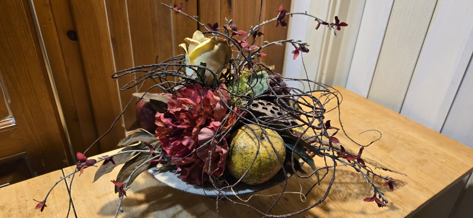 Arrangement of Dried Fruits & Flowers Centerpiece Metal Compote 14WX14WX13″Tall