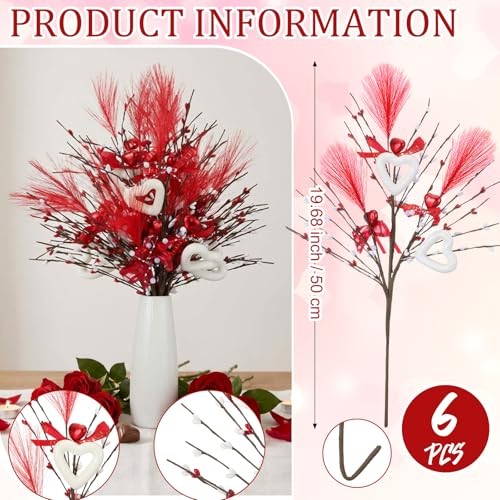 6 Pcs Valentine’s Day Heart Shaped Berry Feather Picks 19.7 Inch Artificial