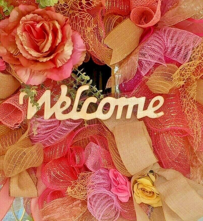 Large Spring Summer Burlap Deco Mesh Wreath Pink Rose Farmhouse Front Door Decor